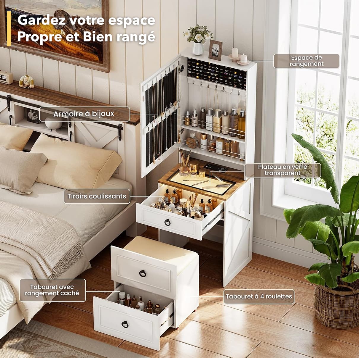 Table de maquillage Lumina – Miroir LED et rangement - 4