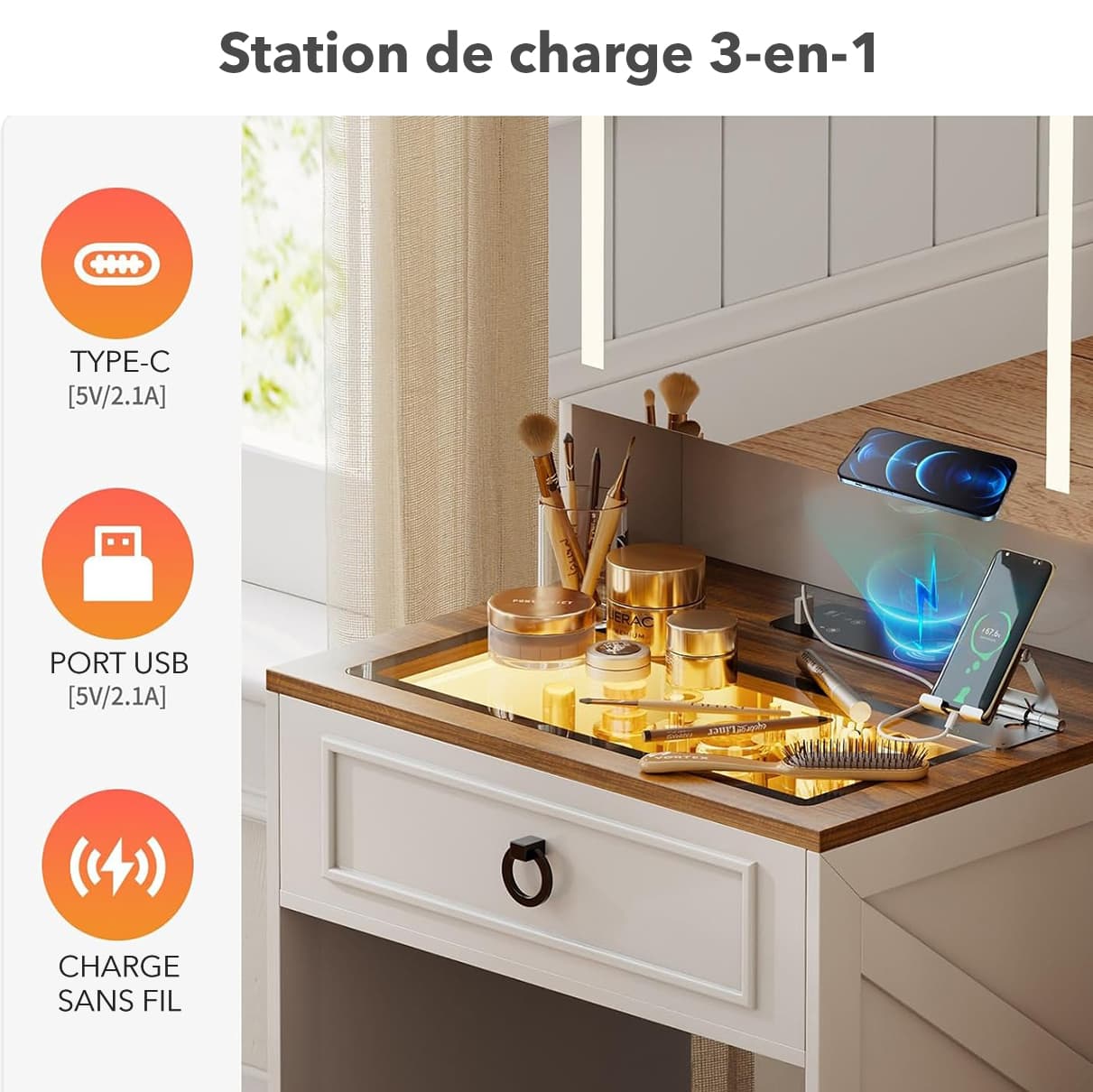 Table de maquillage Lumina – Miroir LED et rangement - 5