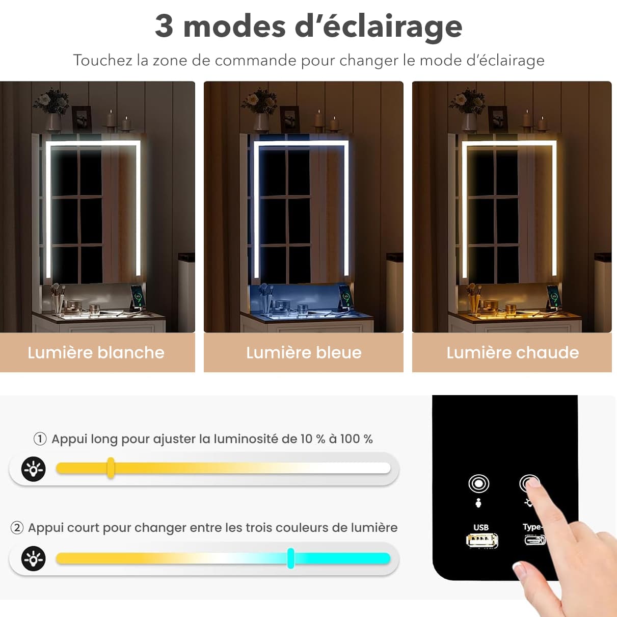 Table de maquillage Lumina – Miroir LED et rangement - 6