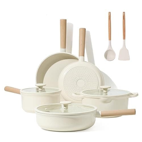 Ensemble de casseroles et poêles avec revêtement anti-adhésif en céramique saine, 11 pièces à induction - Destockage | Storevia